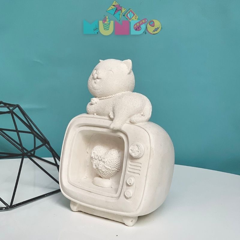 Tượng tô màu cao cấp (có màu cọ) chọn mẫu SIZE X MÈO LƯỜI TRÊN TIVI, tượng thạch cao MUNDO