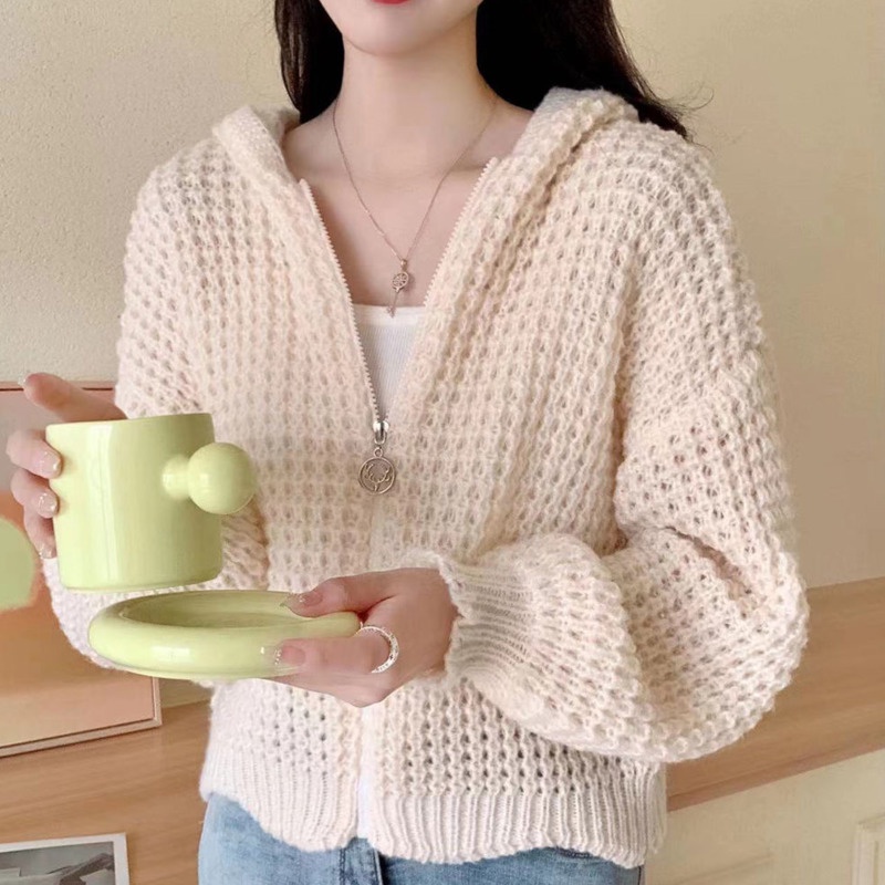 Áo Khoác Sweater Dày Dặn Có Mũ Trùm Và Khóa Kéo Màu Trơn Đơn Giản Dễ Phối Đồ Thu Đông Mới Cho Nữ
