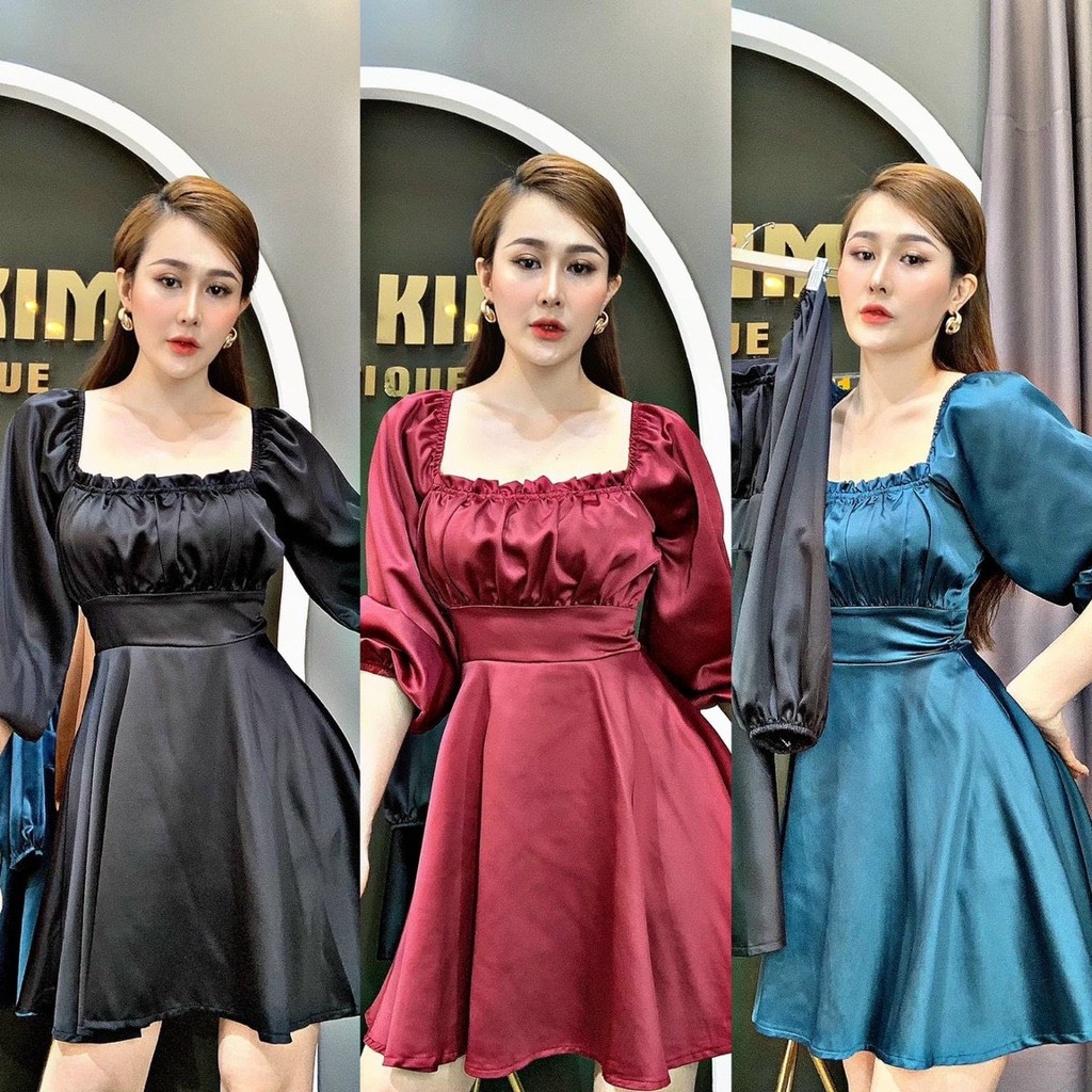 đầm xòe phi lụa tay dài cổ vuông ôm eo kiểu dáng siêu xinh thích hợp đi chơi dự tiệc siêu chảnh LYN095