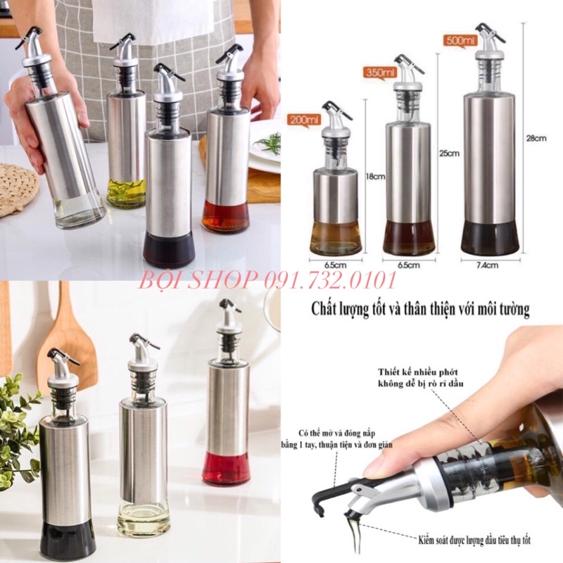 BÌNH CHAI ĐỰNG DẦU ĂN NƯỚC TƯƠNG XÌ DẦU THUỶ TINH BỌC INOX KÈM VÒI (300ML) - BỘI SHOP