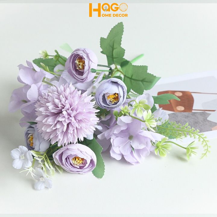 Hoa lụa, hoa giả, cành hoa cẩm tú cầu mix sẵn hoa lá trang trí, decor