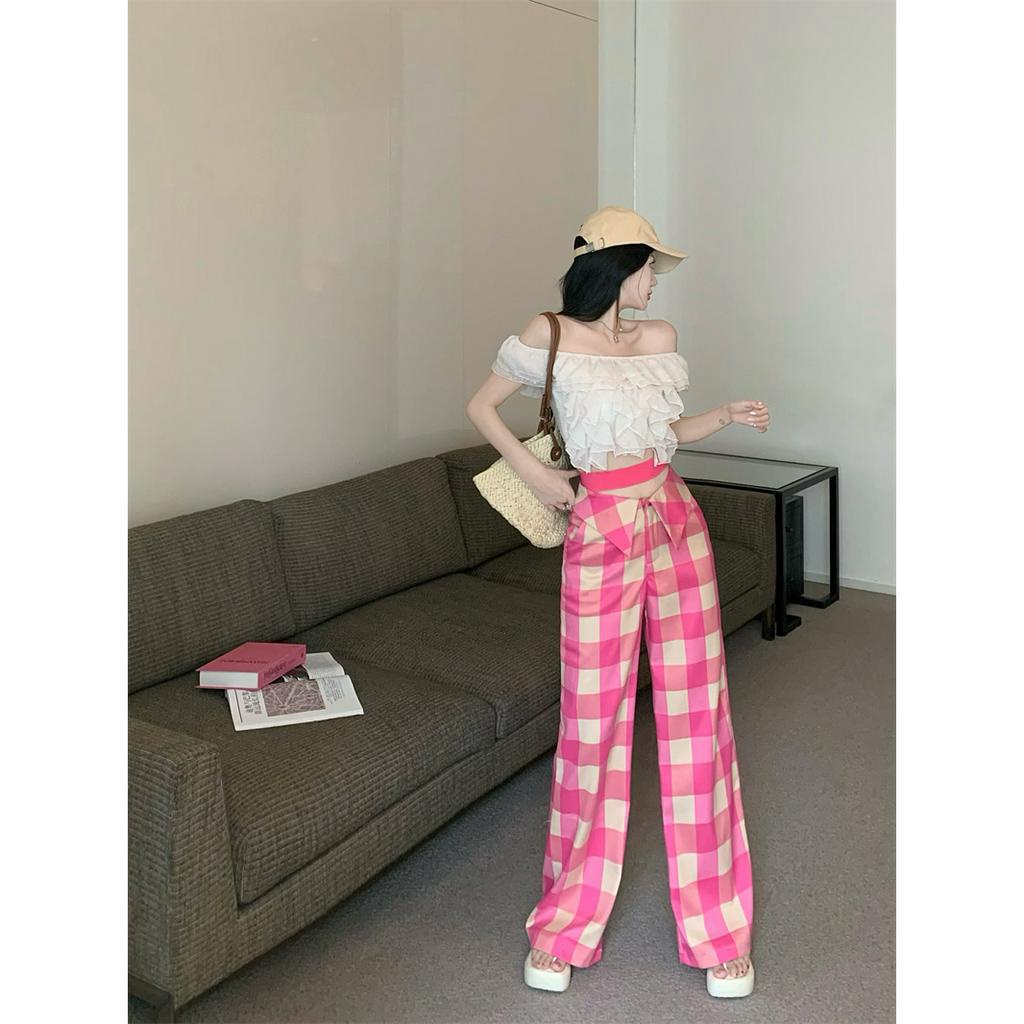 Cocory vn Set Áo Kiểu Trễ Vai Viền Bèo Nhún + Quần Dài Lưng Cao Ống Rộng Họa Tiết Sọc Caro Thời Trang Mùa Hè Cho Nữ