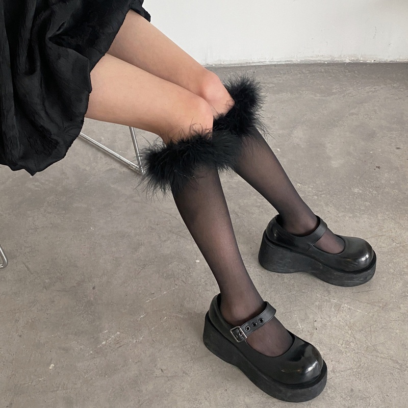 Vớ Dài Qua Gối Vải Lụa Mỏng Phối Lông Vũ Ngọt Ngào Phong Cách Lolita Cho Nữ