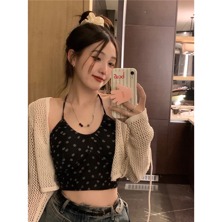 Set áo khoác cardigan ngắn dệt kim kèm áo hai dây hoa nhí Thucucstore Set croptop áo yếm hoa cúc