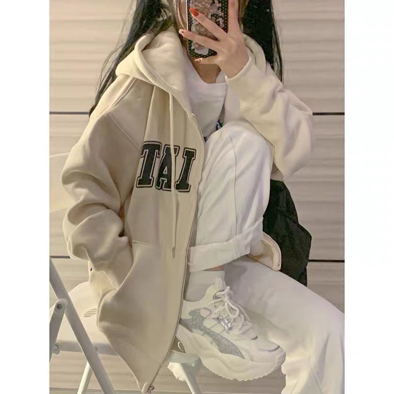 Hoodie zip nữ  2022, Áo hoodie nữ form rộng dày kéo khóa màu trắng chất nỉ bông