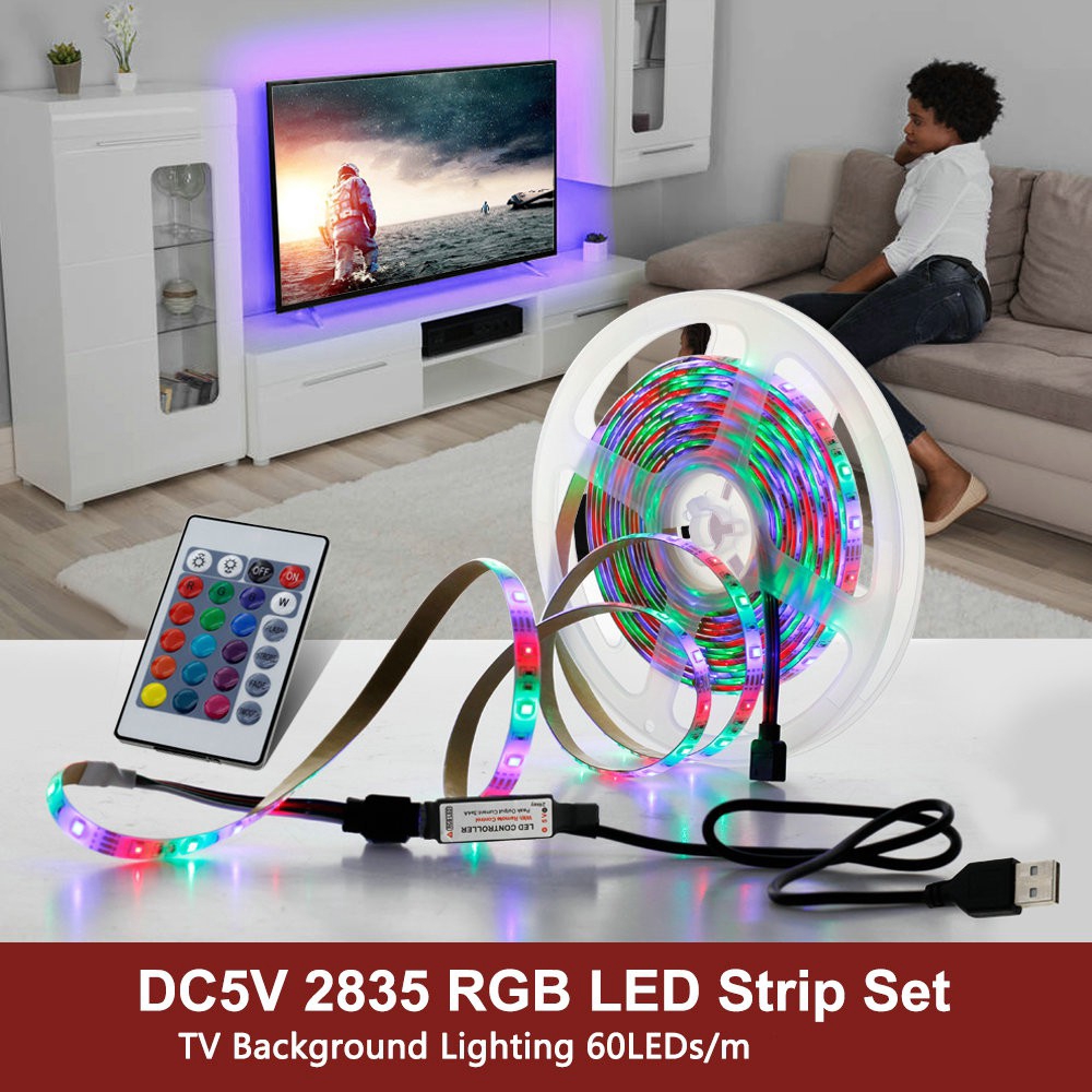 Bộ dây đèn LED RGB 2835 SMD dùng làm đèn phông nền TV/quán bar kèm điều khiển từ xa USB