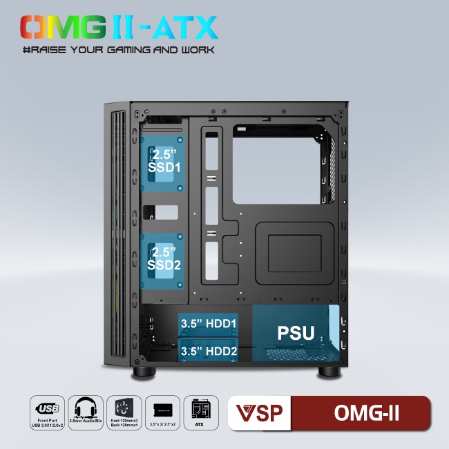 Vỏ máy tính Case VSP OMG II ATX LED Gaming (ĐEN) - Hãng phân phối