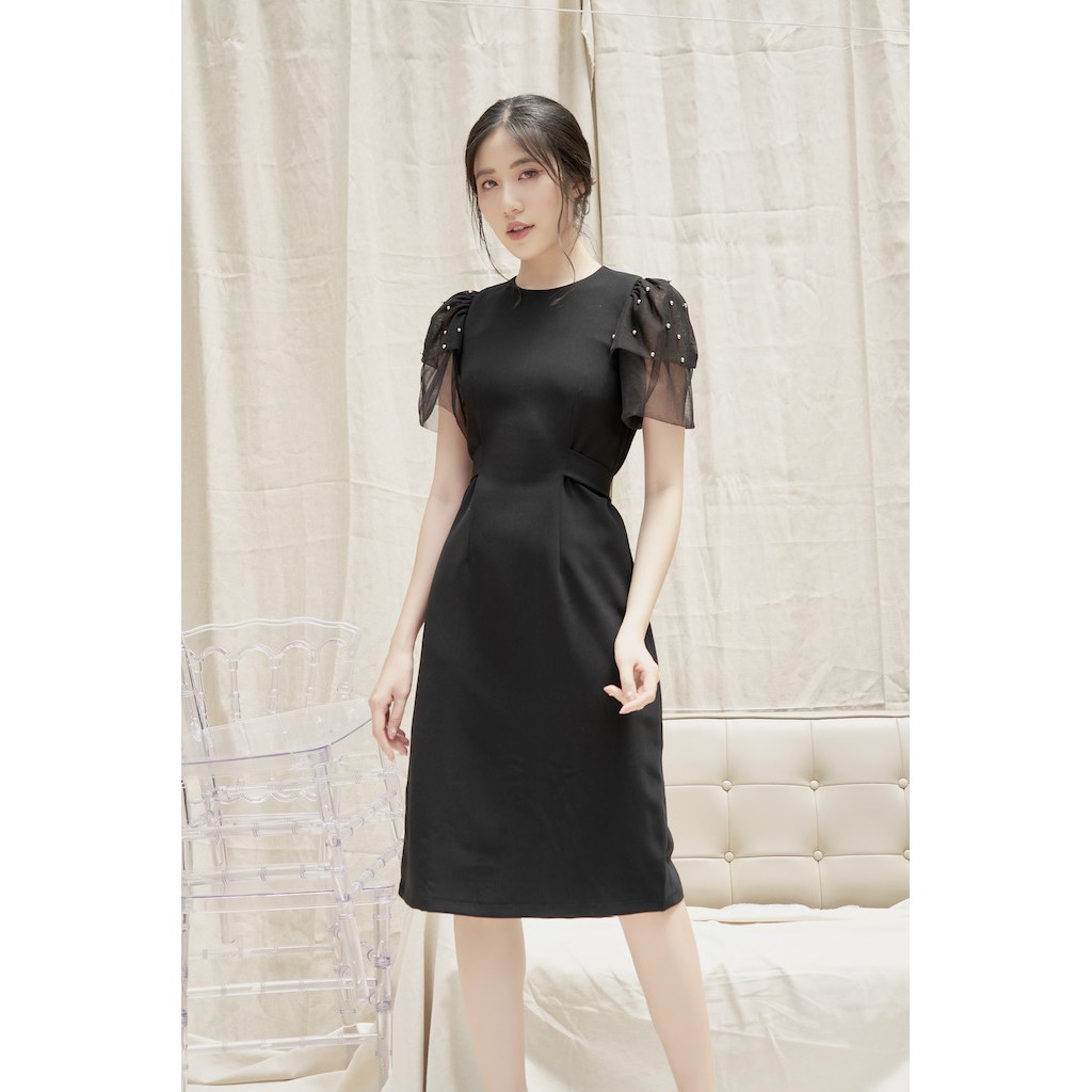 RẬP - Đầm Đen Đính Hạt Trên Tay Lưới Hai Tầng - TITI 08