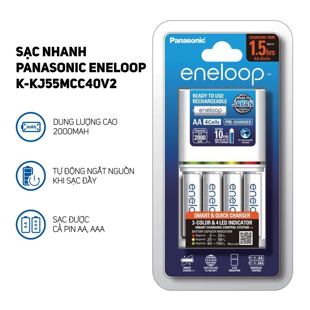 Bộ sạc pin Panasonic Eneloop nhanh , tự ngắt BQ-CC55 tặng kèm 4 pin sạc Eneloop 2000mah