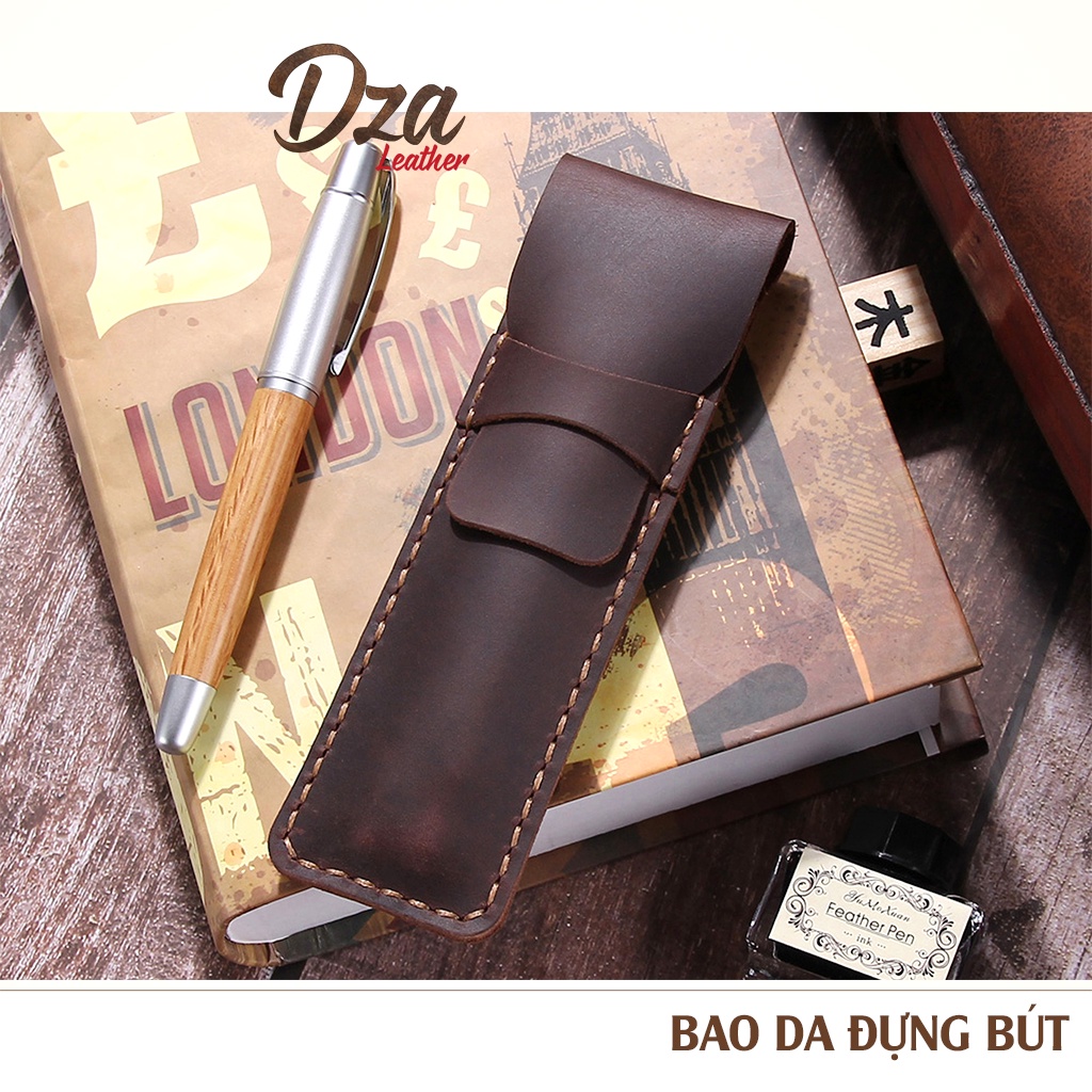 Bao da đựng bút cao cấp da bò sáp Dza leather kiểu dáng hiện đại, phong cách vintage