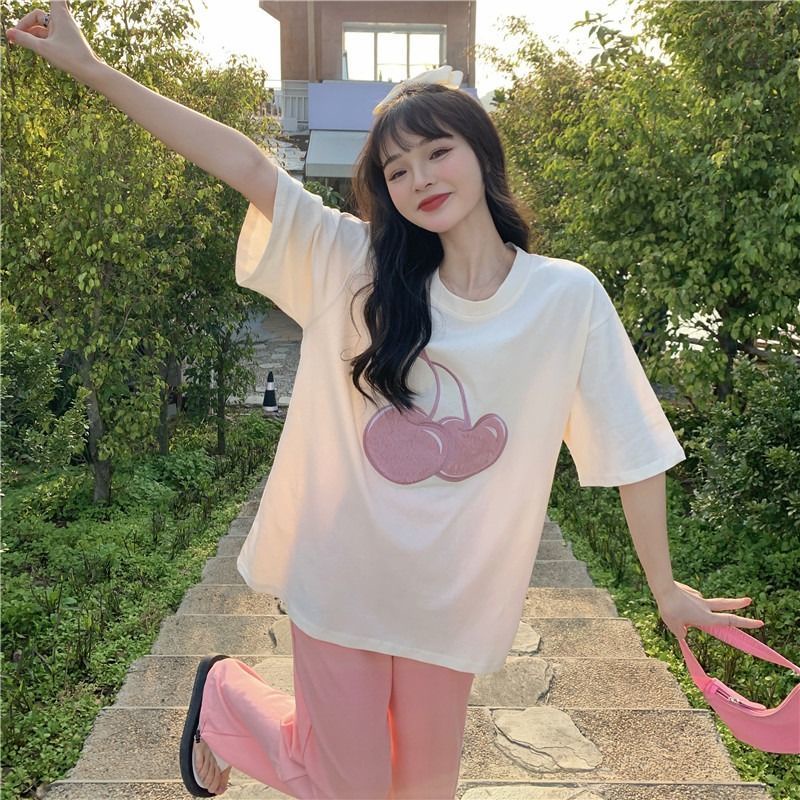 Áo thun nữ Pure Cube dáng rộng thêu hình quả cherry thời trang xuân hè phong cách Hàn Quốc hàng mới cho nữ