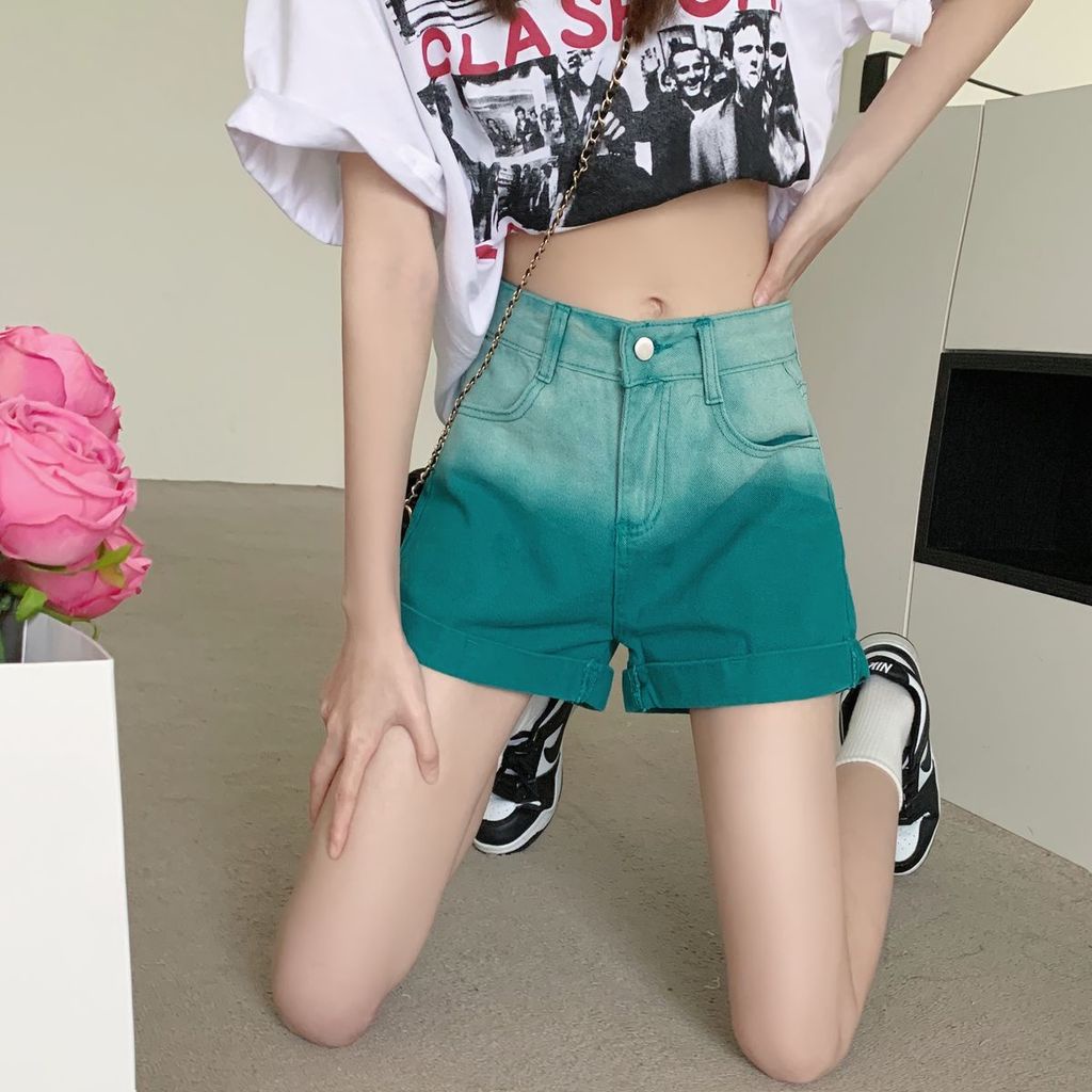Quần Short Denim Ống Rộng Lưng Cao Màu Gradient Thiết Kế Mới Thời Trang Mùa Hè Dành Cho Nữ