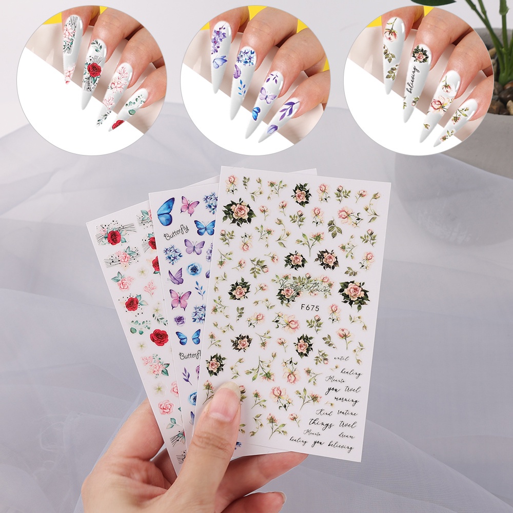 1 Tấm Hình Dán Trang Trí Móng Tay Họa Tiết Hoa Và Bướm 3D Thời Trang