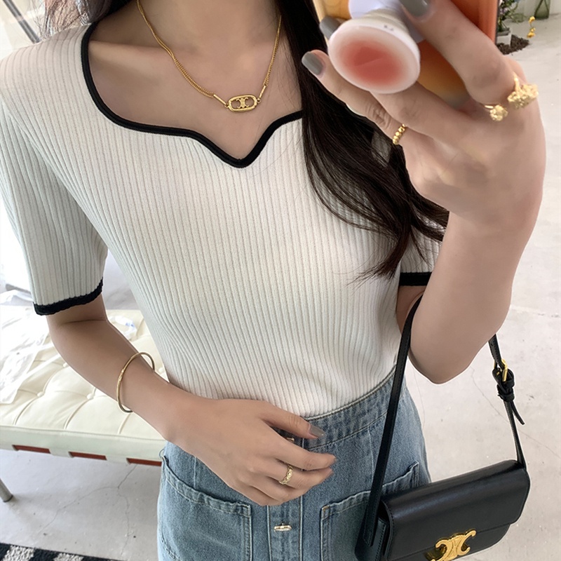 SUXI Áo Dệt Kim Ngắn Tay Màu Sắc Đơn Giản Phong Cách Vintage Dễ Phối Đồ Thời Trang Mùa Hè Cho Nữ