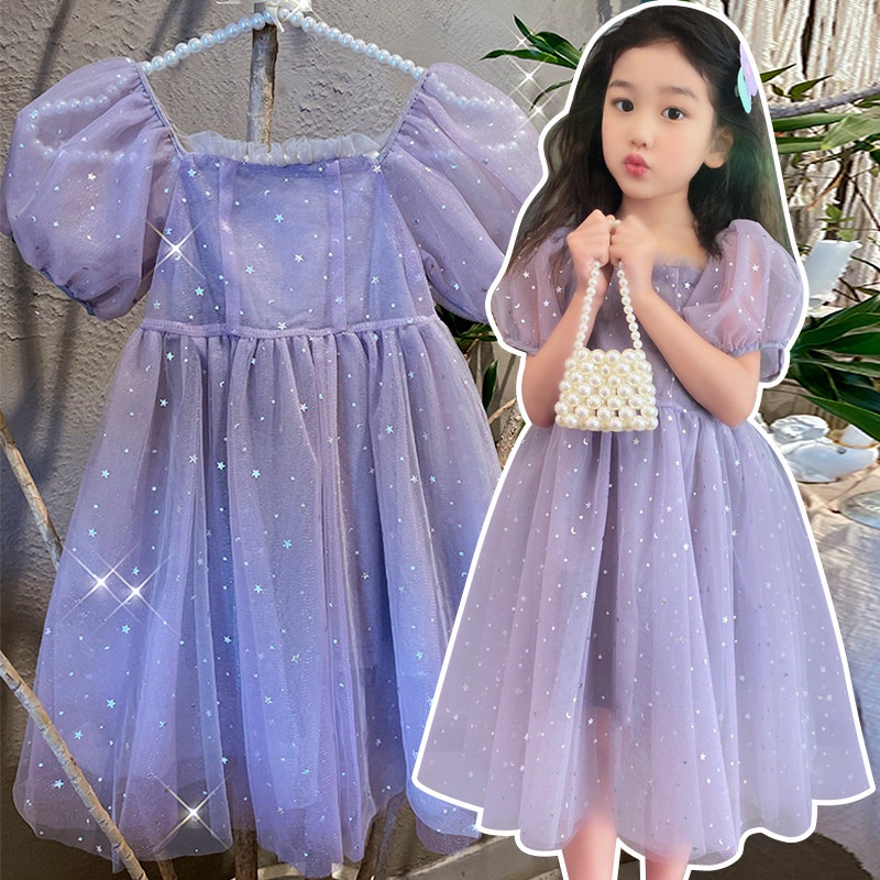 Hàng Có Sẵn Đầm Công Chúa Tay Ngắn Phồng Phối Ren Màu Tím Thời Trang Mùa Hè Hàn Quốc Ngọt Ngào Cho Bé Gái