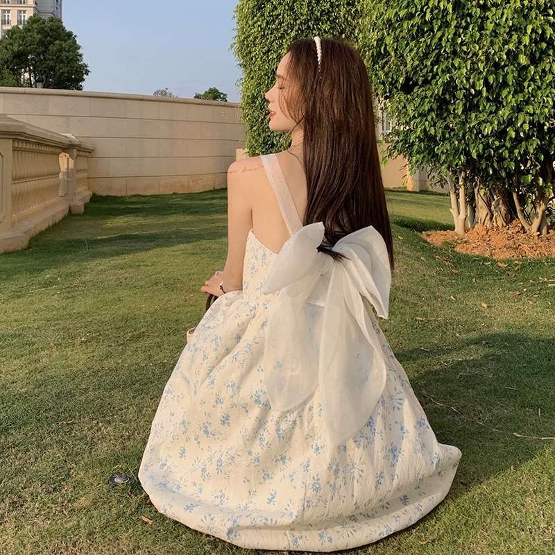 Đầm Hai Dây Họa Tiết Hoa Thắt Nơ Phong Cách Pháp Ngọt Ngào Cho Nữ