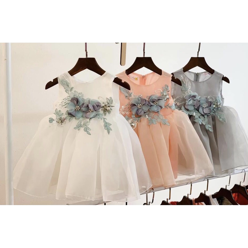 Đầm công chúa bồng bềnh kết hoa xinh cho bé gái (7-24kg) - chất voan nhẹ nhàng điệu đà màu sáng tươi sáng
