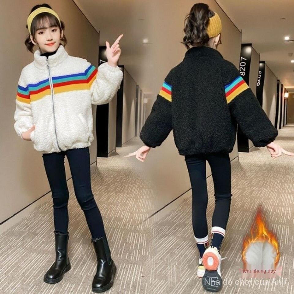 Winter children's woolen silk velvet jacket thick rainbow stripes