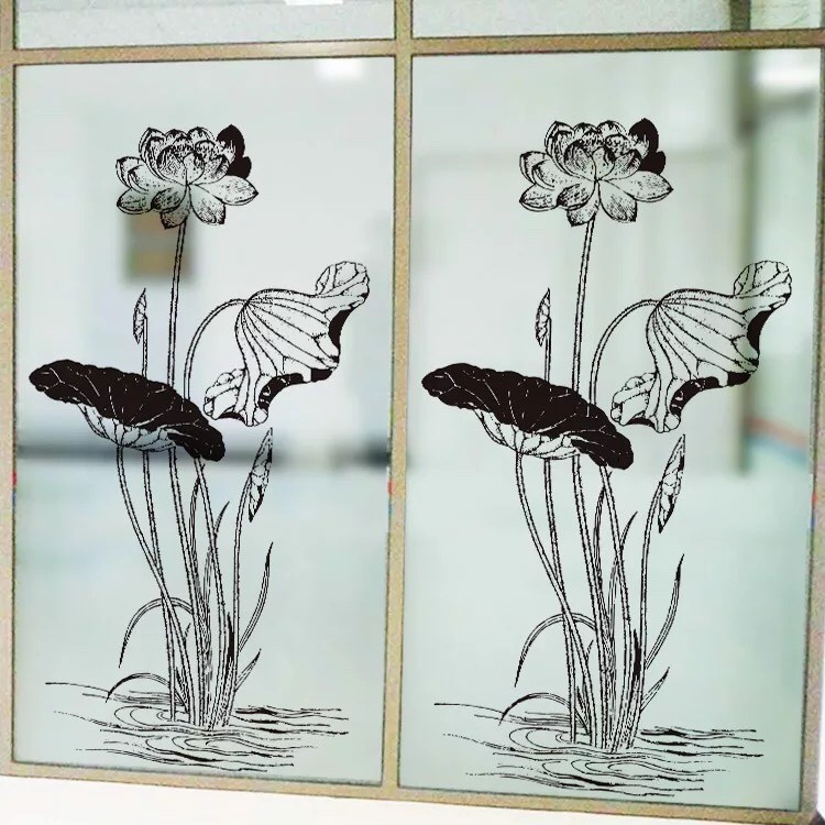 Decal dán kính cao cấp mẫu Hoa Sen và Lá múp xinh ( 60x116 cm )