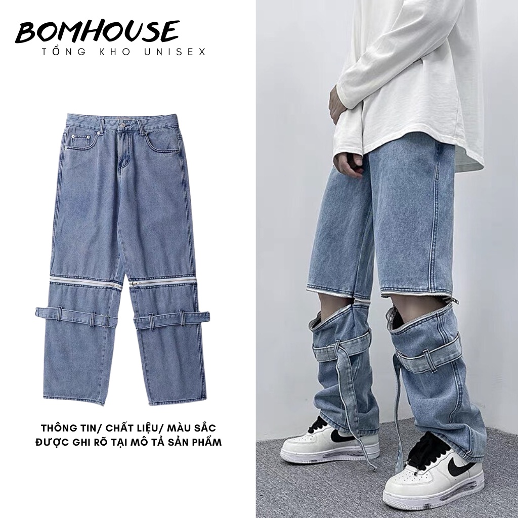 Quần Baggy Nam Nữ Khóa Gối Ống Rộng Bom House Chất Liệu Jeans Mềm Mịn