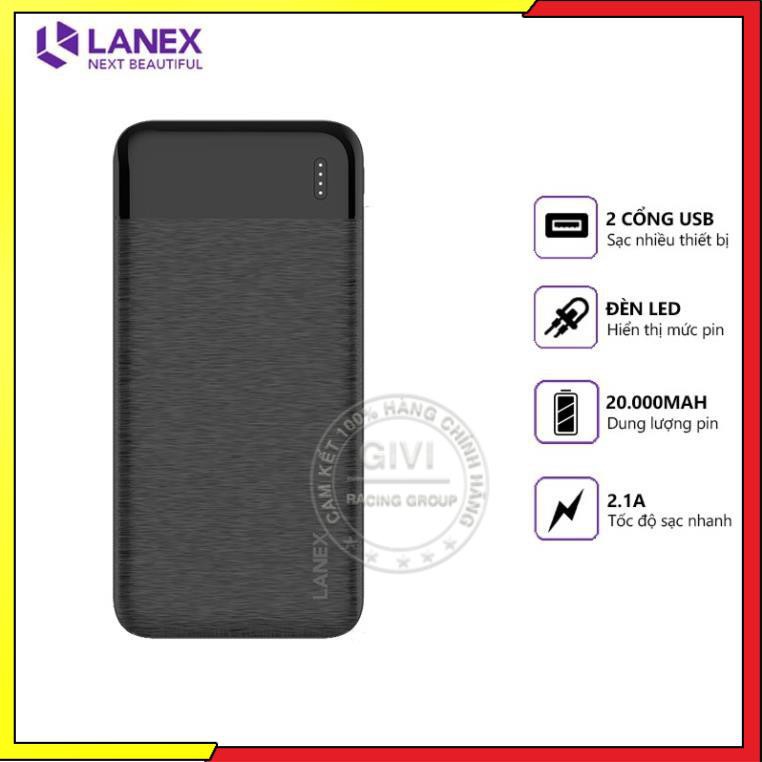 Pin dự phòng Lanex LPB-N18 2 cổng USB 2.1A, 20000mah, có đèn led, tương thích nhiều thiết bị