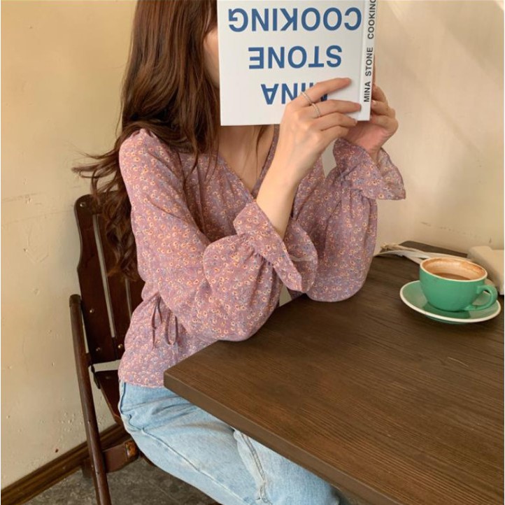 Áo sơ mi voan tím hoa nhí cổ V nhẹ nhàng phong cách Hàn Quốc | BigBuy360 - bigbuy360.vn