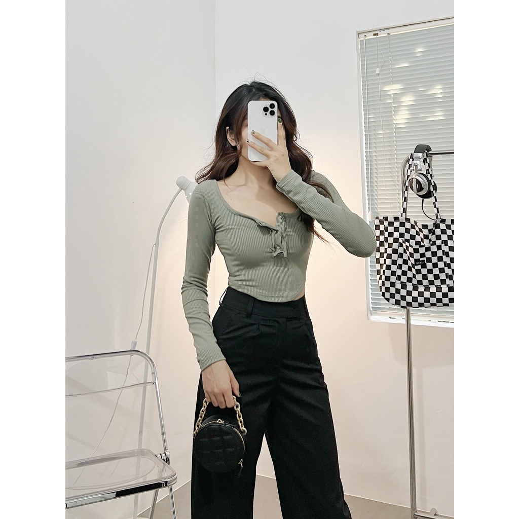 Áo croptop nữ tay dài HHVINTAGE kiểu tà bầu bấm nút thun co giãn Top A39