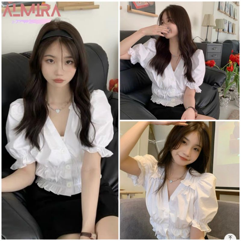 Áo Sơ Mi Croptop Cổ V Bánh Bèo 3 Cúc