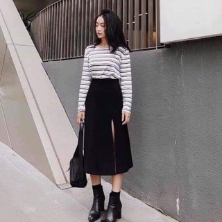 CHÂN VÁY MIDI SKIRT XẺ TÀ VINTAGE HOT - (Sp sẵn)