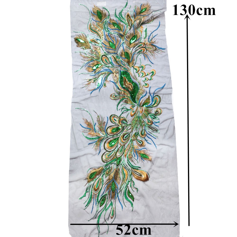 Vải Ren Thêu Hình Lông Công Màu Đen / Xanh Lá Đính Kim Sa Lấp Lánh Trang Trí Váy Cưới diy