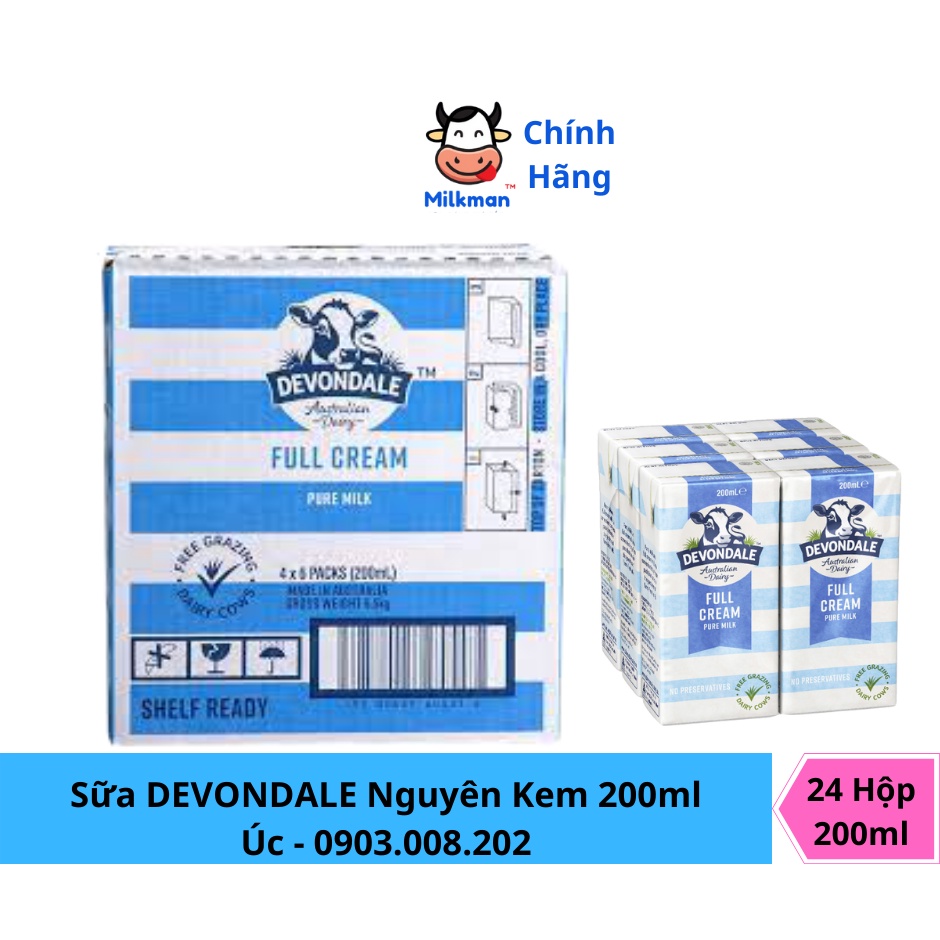 Thùng 24 hộp DEVONDALE 200ml - sữa tươi nguyên kem - Nhập khẩu Úc