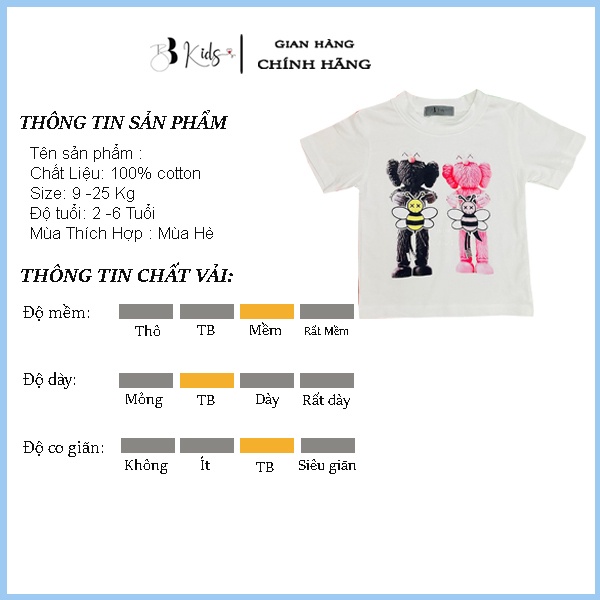 Áo Thun Ngắn Tay Cho Bé BB Kids In Hình Gấu đôi Chất Liệu Cotton 100% Co Giãn 4 Chiều