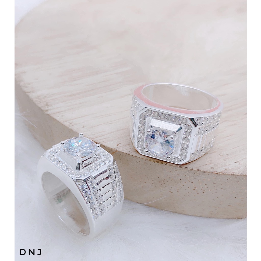 Nhẫn bạc nam, nhẫn sần trơn hai viền nạm đá cao cấp - Kho sỉ bạc Nhất Linh