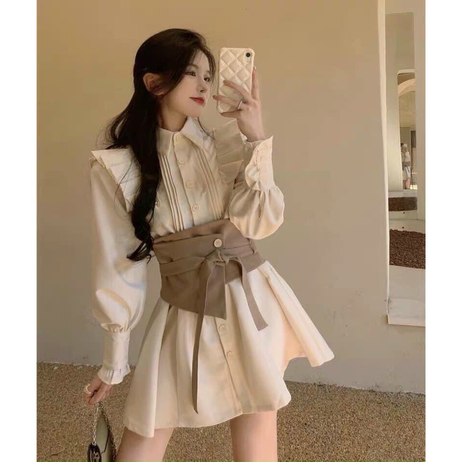 Váy Nữ, Đầm Thiết Kế Cho Nữ Đầm Sơ Mi Bèo Cổ Nude Đai Bụng Siêu Xinh Phong Cách Hàn Quốc. | BigBuy360 - bigbuy360.vn