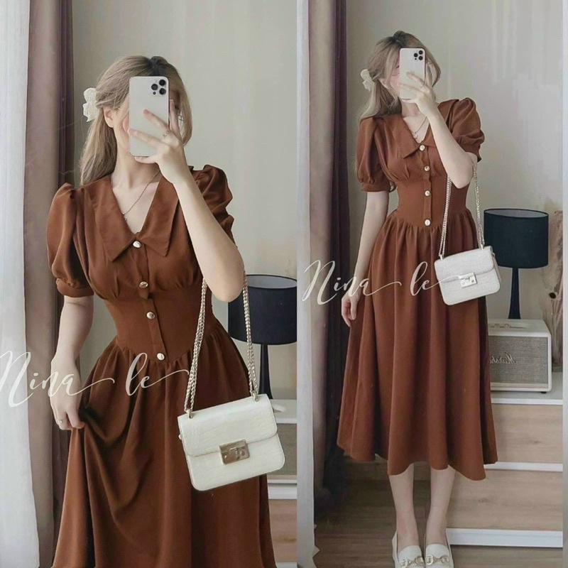Đầm Váy Nữ Xoè Nút Tay Phồng Siêu Xinh Đẹp Tiểu Thư