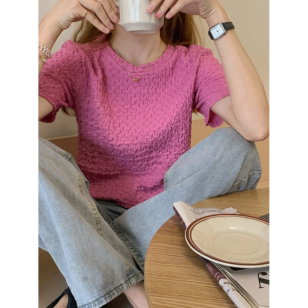 Áo thun tay phồng màu sắc đơn giản thời trang Hàn Quốc