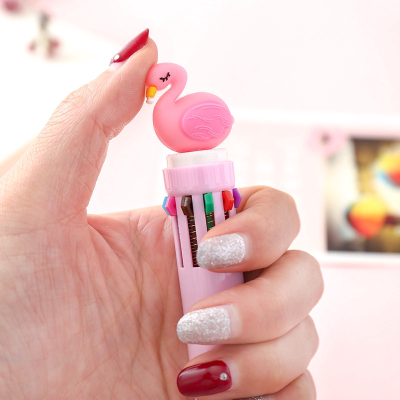 Bút Bi 10 Màu Họa Tiết Hoạt Hình Dễ Thương Có Thể Thu Gọn Tiện Dụng Cho Trường Học