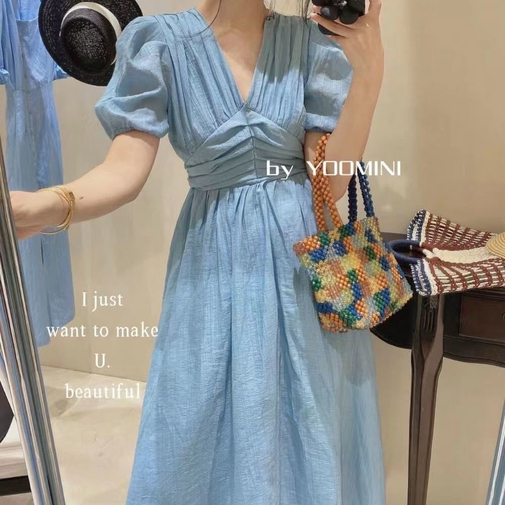 Đầm Tay Phồng Cổ Chữ V Xếp Ly Thời Trang Hàn Quốc Xinh Xắn