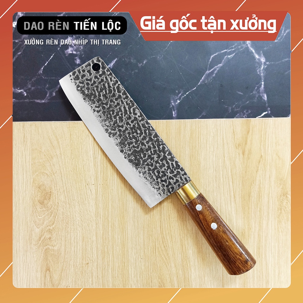 Dao Thái Thịt Thép Nhíp Ô Tô Dập Vân 2 Mặt Cao Cấp - Cán Gỗ Cẩm Khâu Đồng