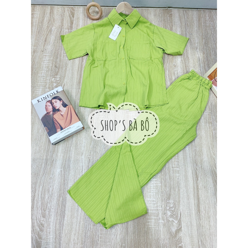 Set áo sơ mi xẻ tà sau, quần dài, chất đũi xước đẹp, form chuẩn, cho nữ mặc đi chơi, đi biển
