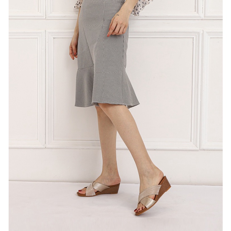 Dép đế xuồng 5cm quai chéo bản to, da ánh kim