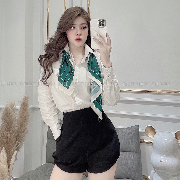 Áo sơ mi nữ Para kèm khăn quàng cổ xanh áo sơ mi dài tay nữ