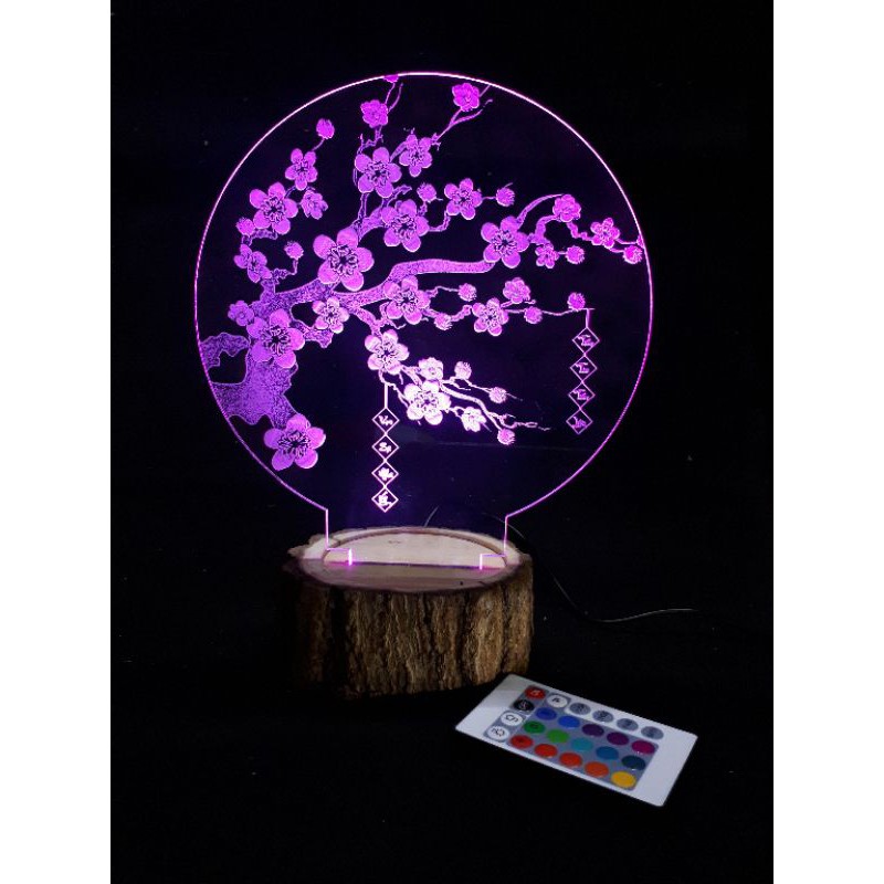 Đèn led cây Mai đế gỗ vỏ tròn.