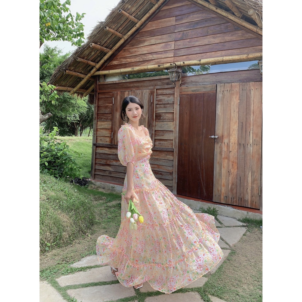 Đầm maxi dài vai bèo cổ trễ váy nữ vải tơ hoạ tiết hoa in thiết kế mặc đi chơi du lịch biển nghỉ mát resort dự tiệc