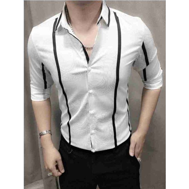 Áo sơ mi nam lụa trắng đen sọc cao cấp (Hàng Shop)