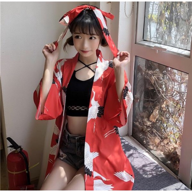 Haori Nữ Nhật Bản Chất Sơ Mi Lụa ( kèm dây cột eo rời )