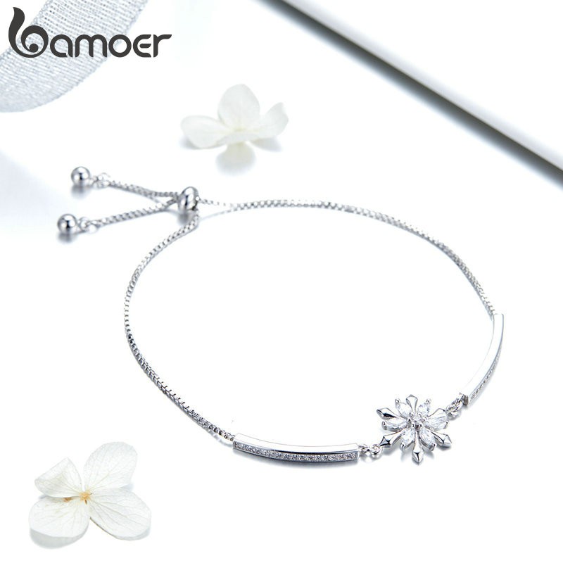 Vòng đeo tay BAMOER kích thước điều chỉnh được mặt hình bông tuyết đính đá zircon nhân tạo thời trang