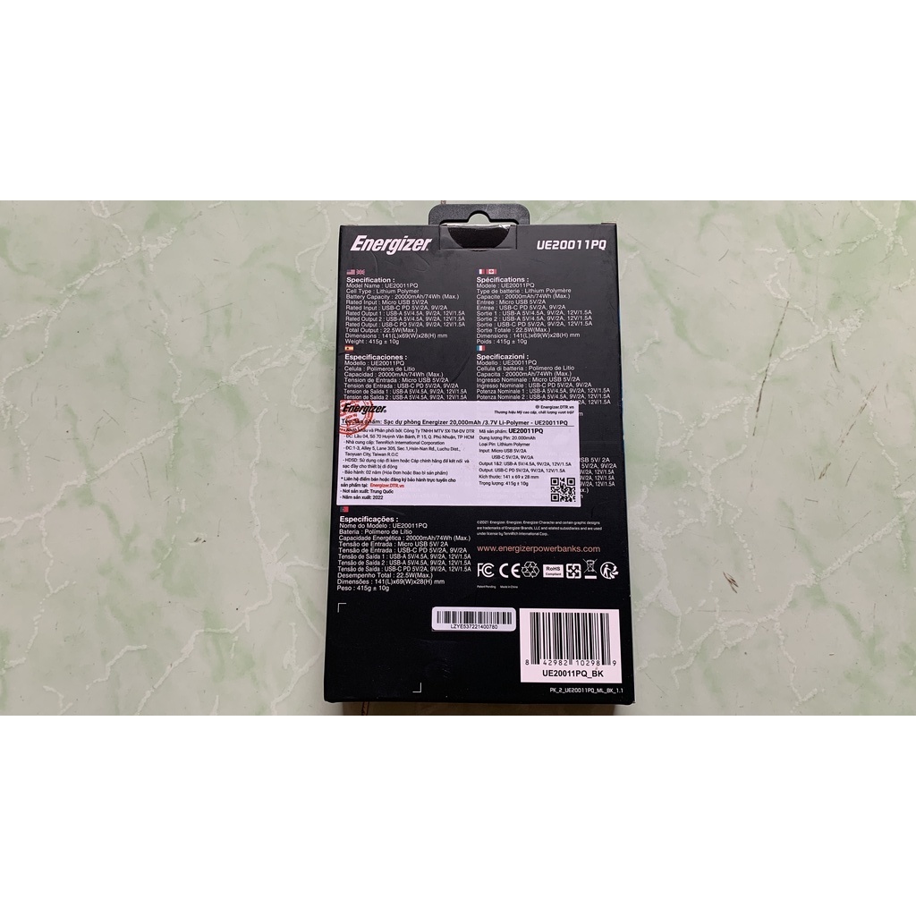 Pin sạc dự phòng Energizer UE20011PQ sạc nhanh QC 3.0 - PD 3.0 dung lượng 20000mah