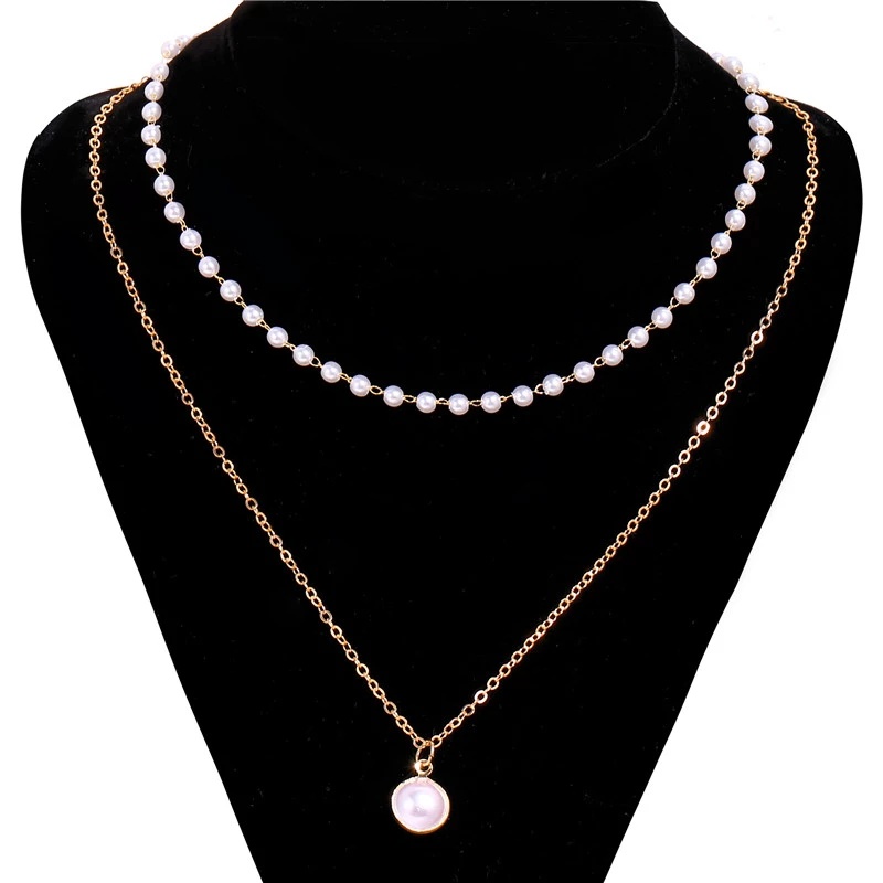 Retro Double Layer Pearl Beaded Round Pendant Necklace/ Gold Color Alloy Clavicle Chain