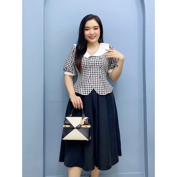 Set áo caro răng cưa nút bọc Bigsize cho nữ 55-90kg